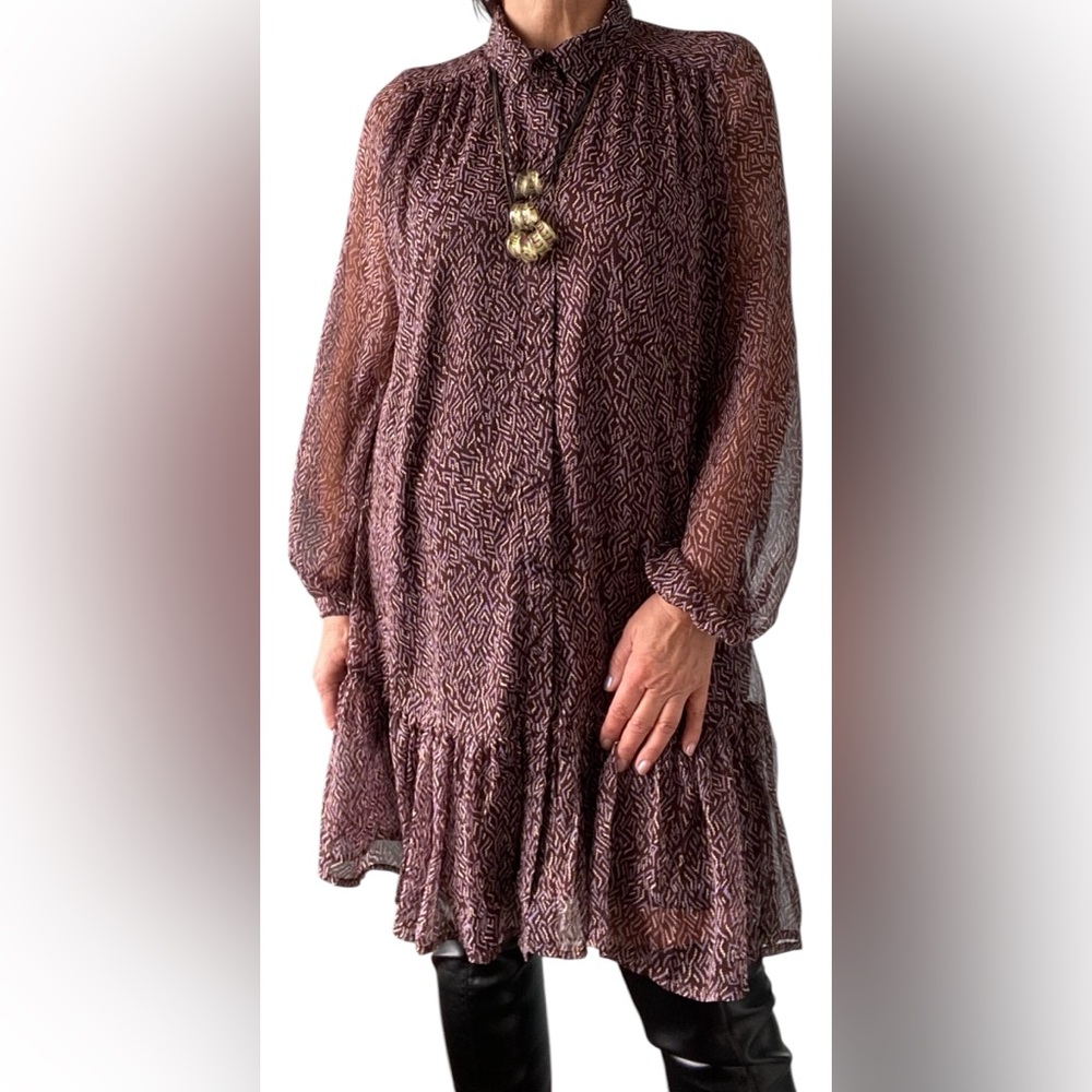 Vero Moda chiffon tunic dress brown with beige & lilac pattern Size L EUC
